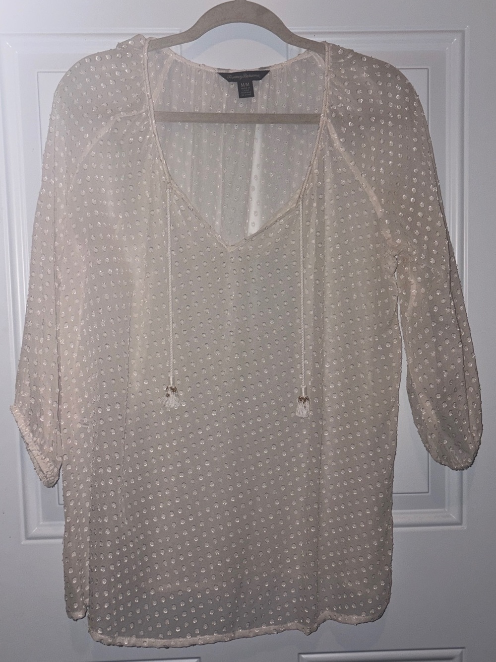 Tommy Bahama cool/breezy white Sheer Swiss Dot Peasant Blouse beach vibe